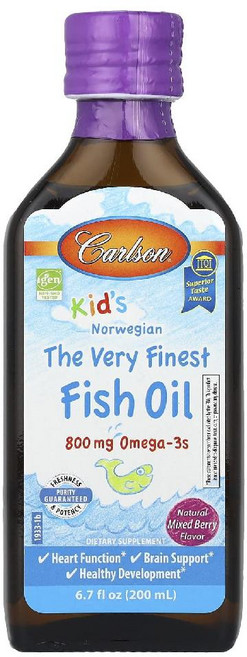 칼슨 피쉬 오일 노르웨이산 오메가 믹스베리 800mg DHA 어린이 액상 시럽 200ml, 딸기맛, 1