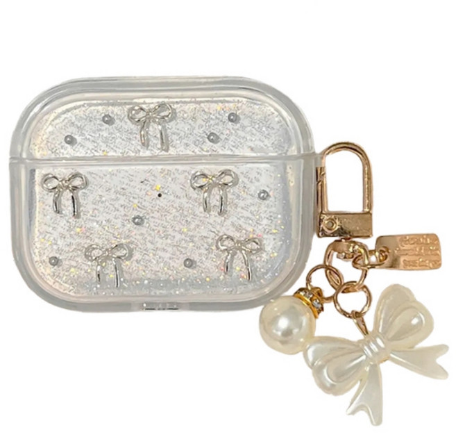 하이 리본 글리터 펄 반짝이 TPU 케이스+키링세트, 1개, 클리어, 에어팟프로2