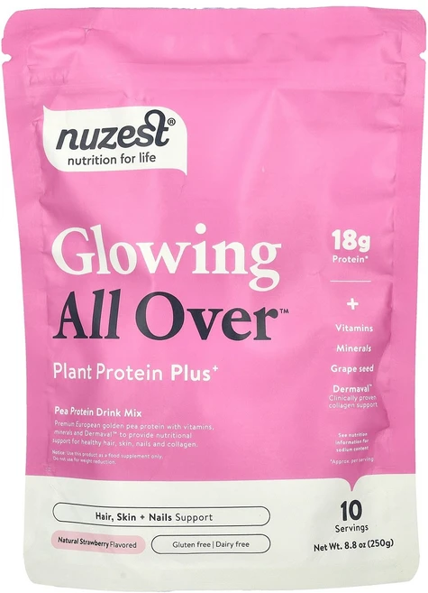 Nuzest Glowing All Over™ Plant Protein Plus+ Natural Strawberry 8.8 oz 250 g, Nuzest, Glowing All Over™, Pla, 250g, 1개 - 쿠팡