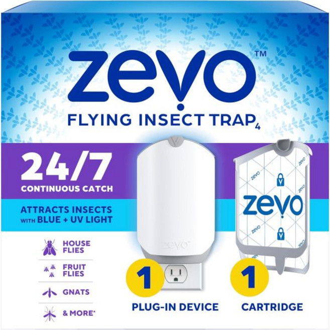 실내용 Zevo 플라잉 곤충 트랩 라이트 트랩으로 초파리 날벌레 집파리 스타터 키트 가치 팩플러그인 베이스 2개 카트리지 2개을 포획합니다, 1 Device & 1 Cartridge, 1개