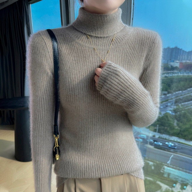 素色羊毛高領羅紋針織衫 修身保暖毛衣