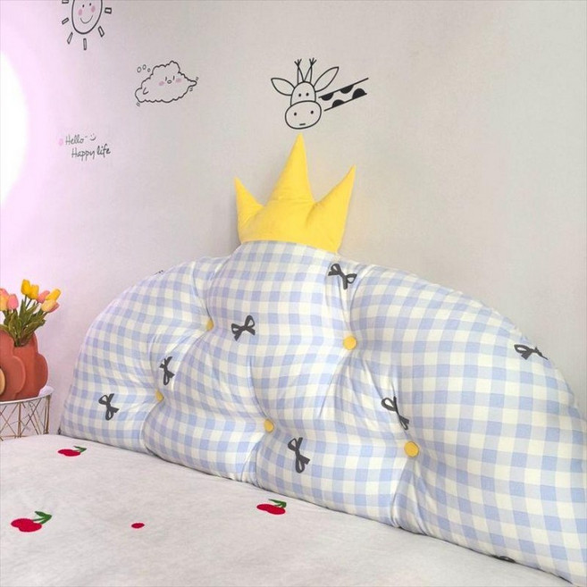 대형 쿠션 벽쿠션 포근한 인테리어 머리 베개 포근한, 면 파랑 체크 리본