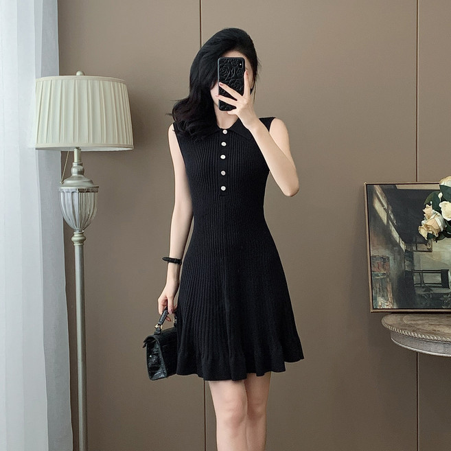 썸머바이브 NQ-473 여름 민소매 카라 단추 골지 니트 원피스