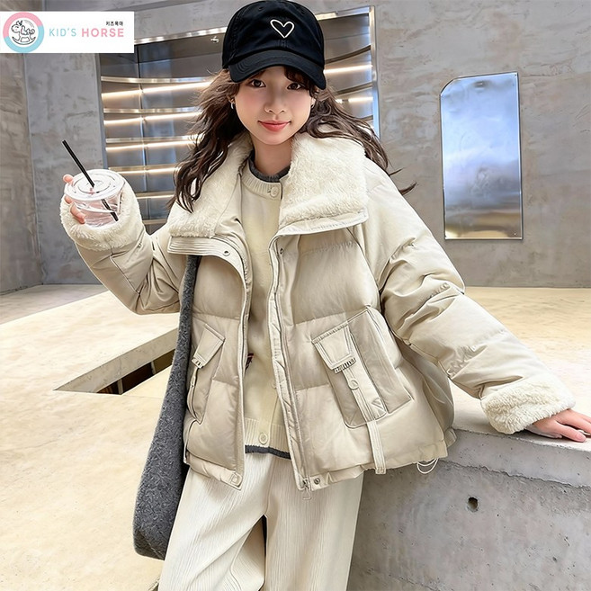 키즈목마 여아 겨울 기모 주니어 레터링 자수 누빔 솜패딩 외투 상의 초등생 초중생 긴팔 점퍼 802