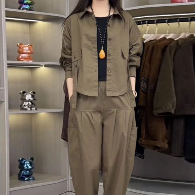 봄여름 중년여성 엄마옷 상하세트 솔리드 캐주얼 루즈핏 빅사이즈 츄리닝복세트 긴팔 폴로넥 셔츠 가디건+배기핏 밴딩 팬츠 투피스