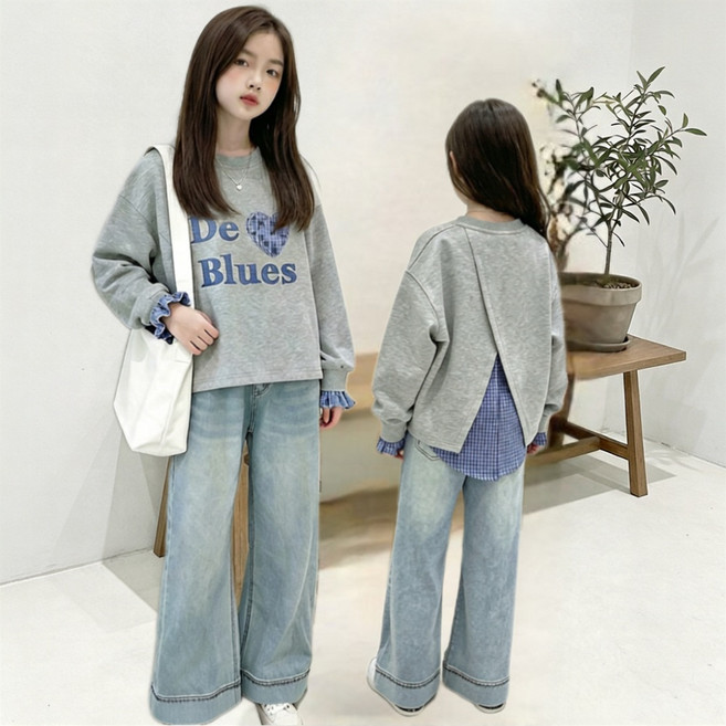 투나이언 여아 봄 셔츠소매 맨투맨 청바지세트 투피스 주니어 상하복세트