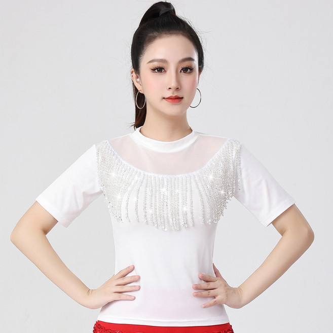 와우진플 라운드넥 시스루 스팽글 수술 반팔 댄스 상의 (128)