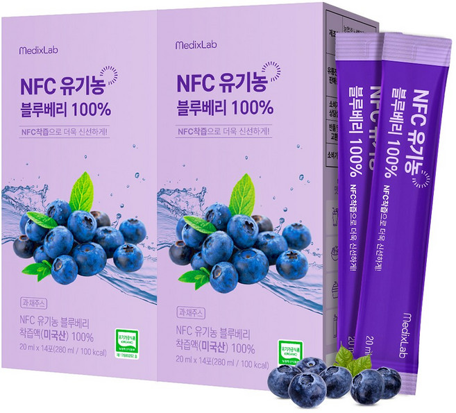 메딕스랩 NFC 유기농 블루베리 100% 착즙액 블루베리즙 스틱, 28개, 20ml