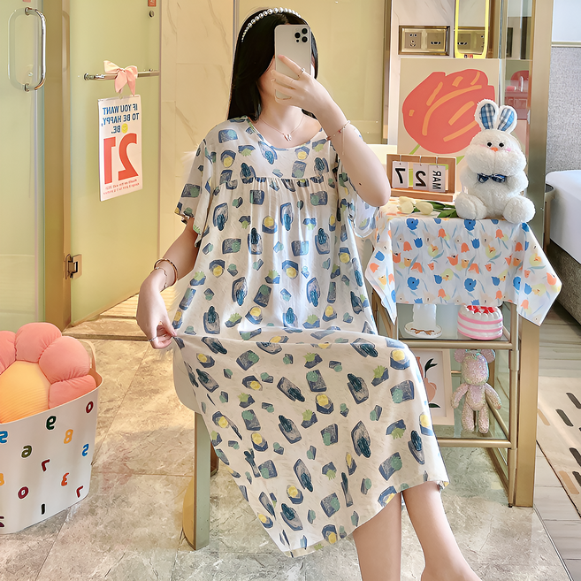 리빙스타일 여성용 찰랑찰랑 시원한 여름 반팔 원피스 잠옷