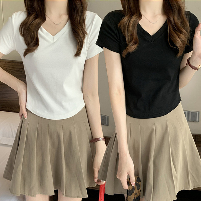 주디앤 여성 깔끔라인 브이넥 무지 반팔 티셔츠 2P