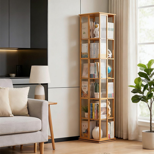 쿠리브 원목색 회전 책장 360도 대용량 거실 서재 다기능 책꽂이 수납장, 6단, 원목