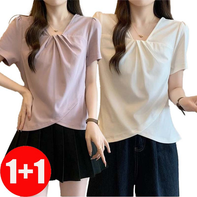 IWMAFT 2종 세트 여성 여름 V넥 셔링 반팔 티셔츠 슬림핏 데일리 이너 티셔츠 부드러운 신축성 티셔츠 FC1015