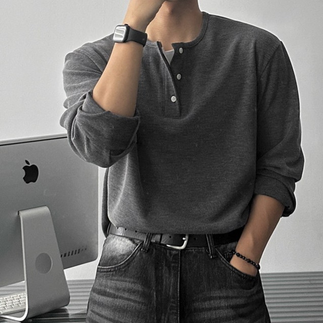 [주문폭주] 세미 머슬 더블 레이어드 버튼 헨리넥 카라 긴팔 니트 (5color)