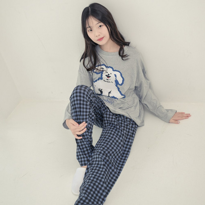 코코드림 주니어용 하얀 강아지 캐주얼 긴팔 잠옷 상하의세트