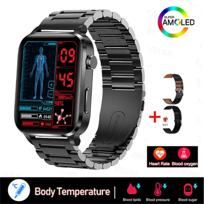 무통 무채혈 혈당 측정기 건강검사 스마트워치 레이저치료 혈압 혈당 심박수 체온 건강시계, A 스틸 + 블랙실리콘 + 브라운가죽