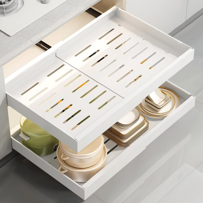 홈디메르 슬라이딩선반 주방수납장 하부장 넓이 길이조절 수납함 옷정리 양념통 레일 선반, 화이트2개