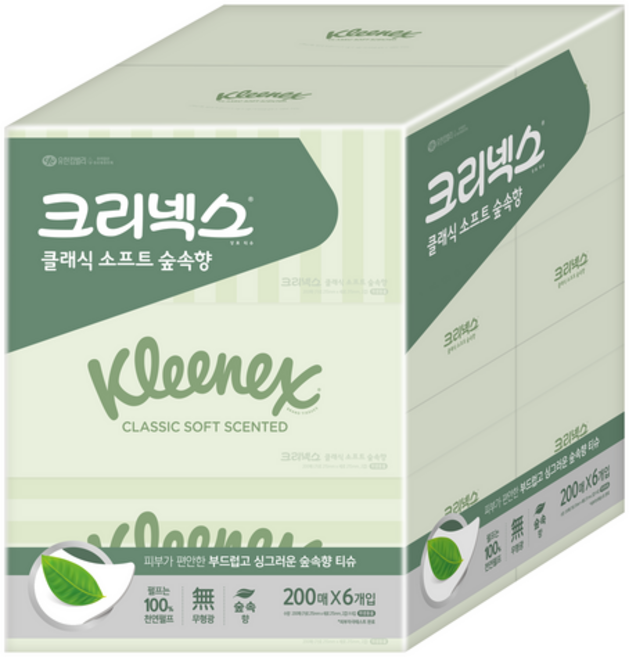 크리넥스 클래식 소프트 숲속향 천연펄프 미용티슈 2겹, 200개입, 12개