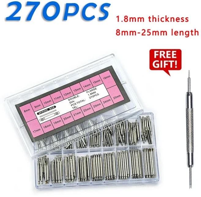270개/세트 스테인리스 스틸 스프링 바 직경 1.5mm/1.8mm 길이 8mm - 25mm/6mm - 23mm 시계줄 스트랩 벨트, 03 1.8mm 8-25mm