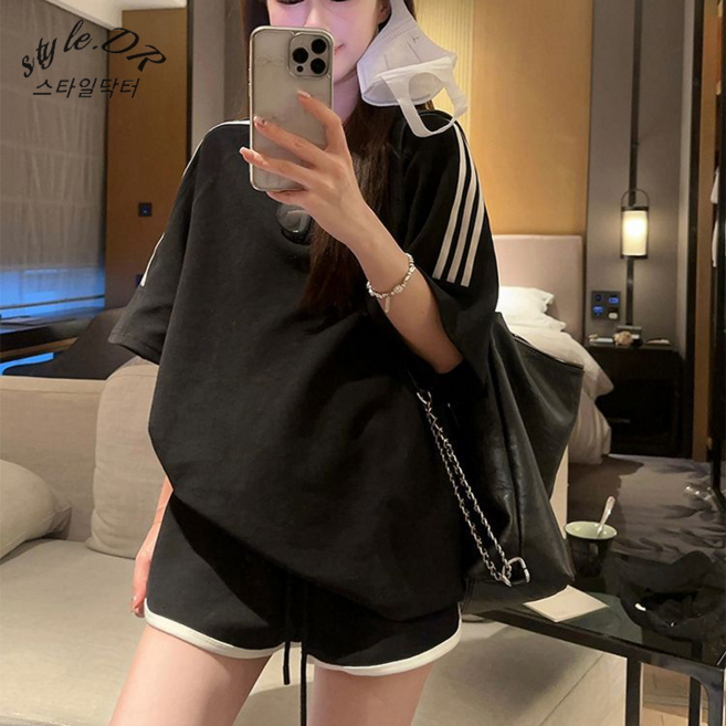 스타일닥터 여성 반팔 줄무늬 맨투맨 츄리닝 상하세트 데일리 심플 여름 트레이닝복 세트