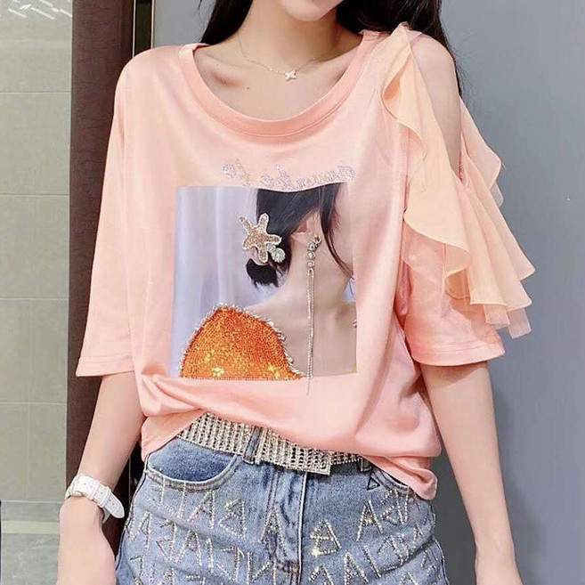 어깨트임 프릴 라운드 반팔티 패턴 여성 큐빅 패션 여름티 스윗트 예쁜 여자 반팔티