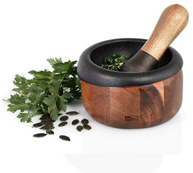 muebi 무쇠절구 절구 향신료 주철 깨갈이 빻기 절구통 원목, 천연 마호가니 원목 마늘 다지기 + 나무망치, 1개