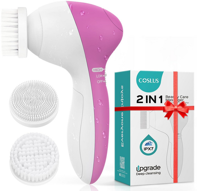 COSLUS 2in1 진동 클렌저 더블 브러쉬 페이셜 스크럽버 피부 각질 마사지기, 분홍색, P2017