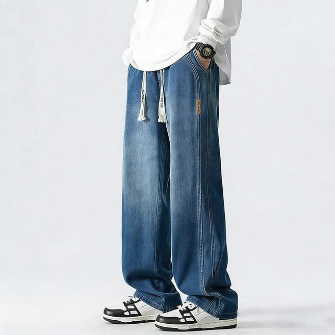 MAKABORO 빅사이즈 남성 청바지 일자 와이드 슬랙스 봄가을 캐주얼 워싱 데님 팬츠