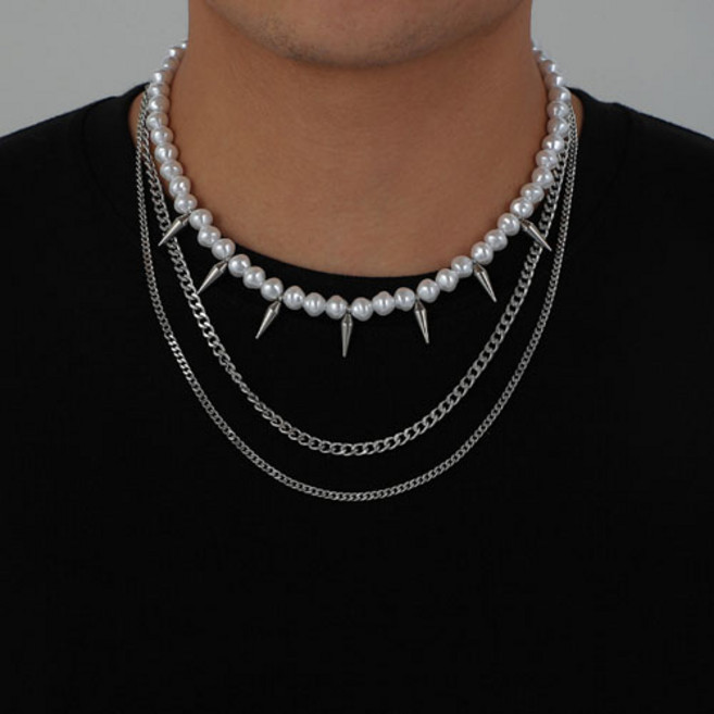 펑크 레이어드 더블 체인 찡 진주 목걸이 A027