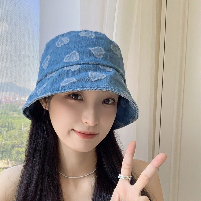 여성 하트 데님 버킷햇 소두핏 캐주얼 자외선차단 데일리 썬햇