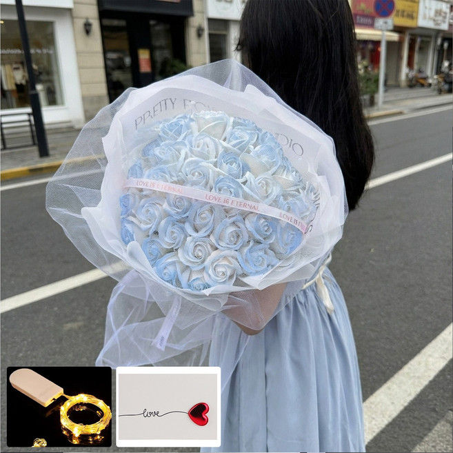 Leesheer 기념일 선물 로맨틱 장미 꽃다발 시들지 않는 LED 비누 꽃다발 33송이 + 카드, 1개, 파란색