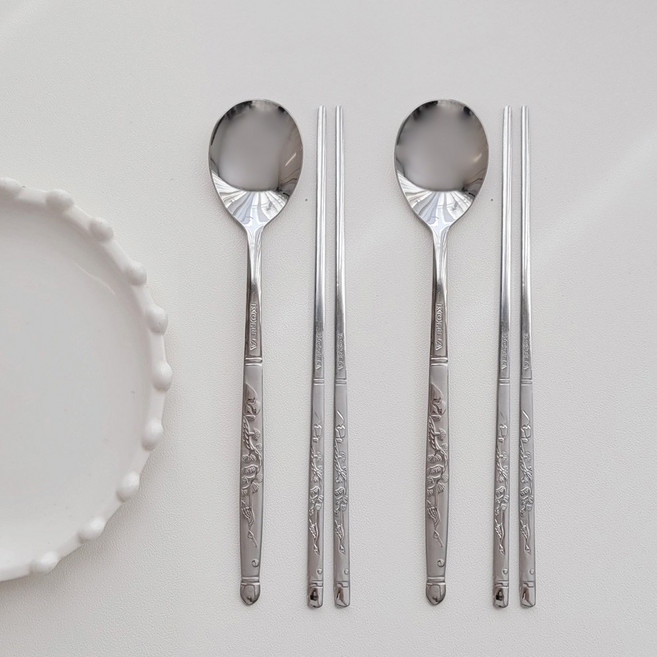 한국 전통 스텐 수저세트 2인 부부수저세트 송학 선물용 수저세트, 1세트, (본품) 스텐수저 2벌 +기러기수저받침(4P), 실버(스텐)