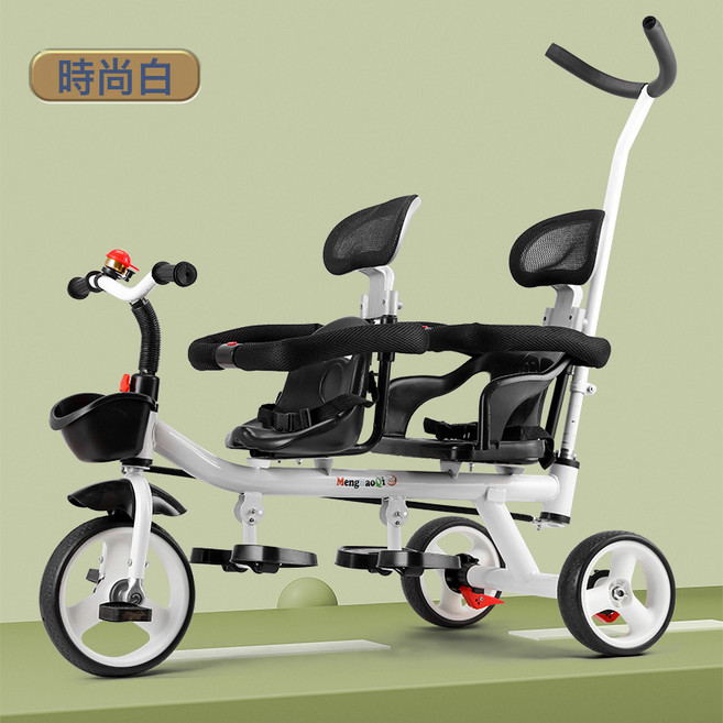 DFMEI 雙人兒童三輪車雙座二胎腳踏手推車雙胞胎嬰兒大號輕便1-7歲童車, 白色雙人三合一前後帶護欄發泡輪
