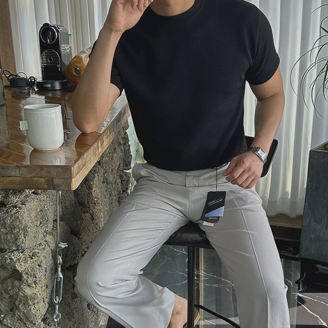 에스미 남자 머슬핏 반팔 니트 부드러운 티셔츠