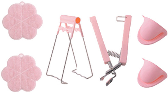 치프몰 실리콘 냄비 집게+그릇 집게+받침 2개+손잡이 2개, 1세트, 핑크
