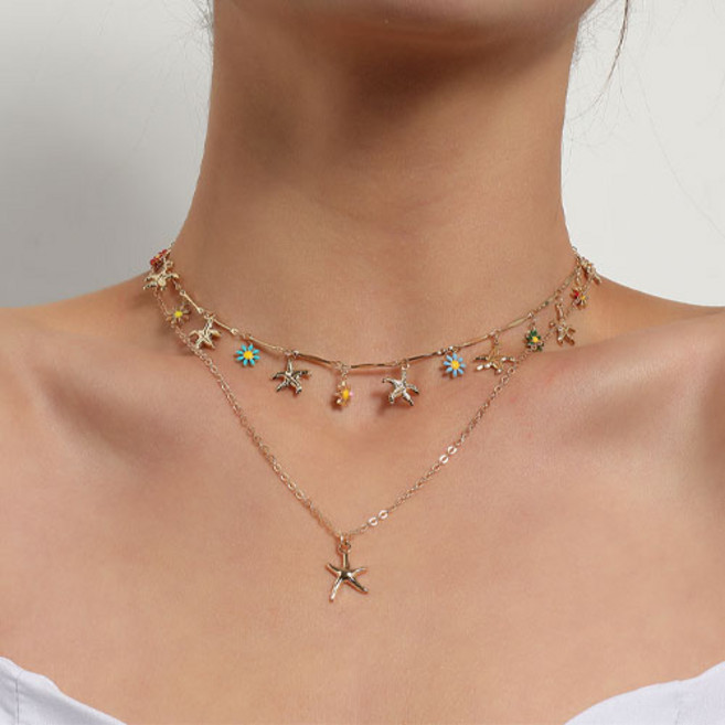 티큐 여성 여름 바캉스 파티 컬러 데이지 꽃 레이어드 드롭 목걸이 A2228