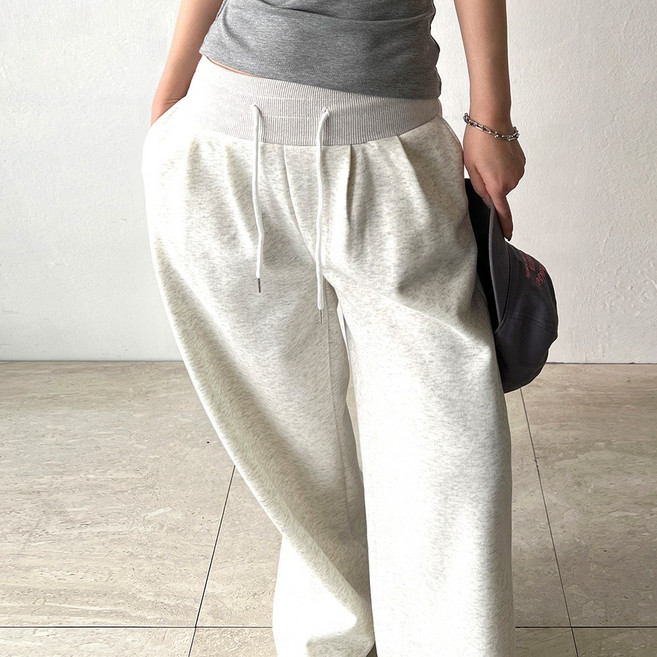 네모엔룩 와이드밴딩 여성용 로우라이즈 핀턱 허리골반선 시보리밴딩 스트링 루즈핏 와이드 트레이닝 밴딩 팬츠