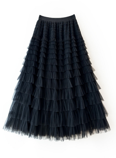 【名媛舞會】蛋糕傘裙 長裙 連衣裙 網紗裙 半身裙 大擺裙 中長款 韓版設計 多層網紗 生日宴會 節日聚會 舞蹈演出, 黑