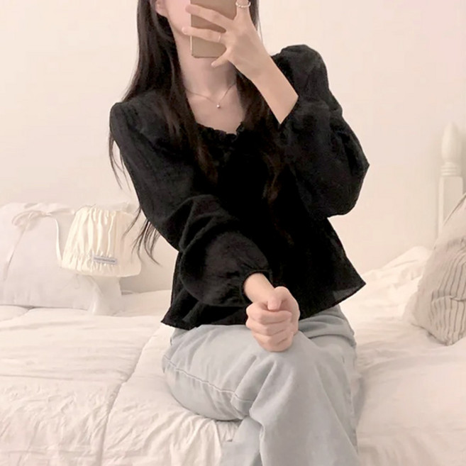 라라홀리 로맨틱 리본스트링 스퀘어넥 프릴 긴팔 블라우스