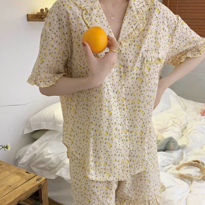 리빙스타일 여성용 플라워 여름 반팔 상하의 잠옷 세트