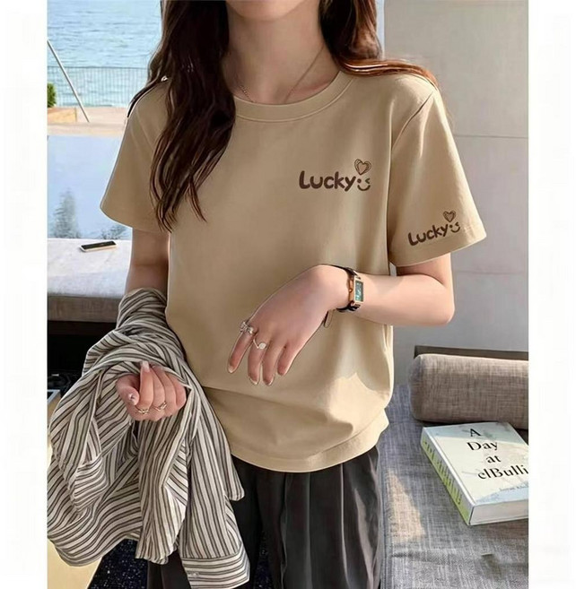 100%純棉 短袖T恤女 字母印花寬鬆上衣 圓領短袖T恤 韓版上衣
