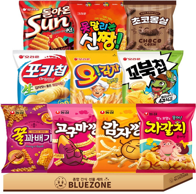 농심 오리온 크라운 스낵 세트 꿀꽈배기55g 고구마깡45g 감자깡42g 자갈치45g 포카칩38g 오감자35g 꼬북칩49g 썬칩48g 못말리는신짱73g 초코몽실22g, 1박스, 혼합