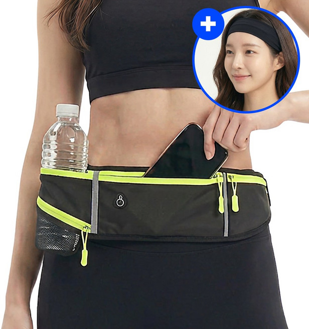 러너온 흔들림없는 휴대폰 물병 수납 방수 밀착 러닝벨트 헤어밴드, 1개, 네온블랙