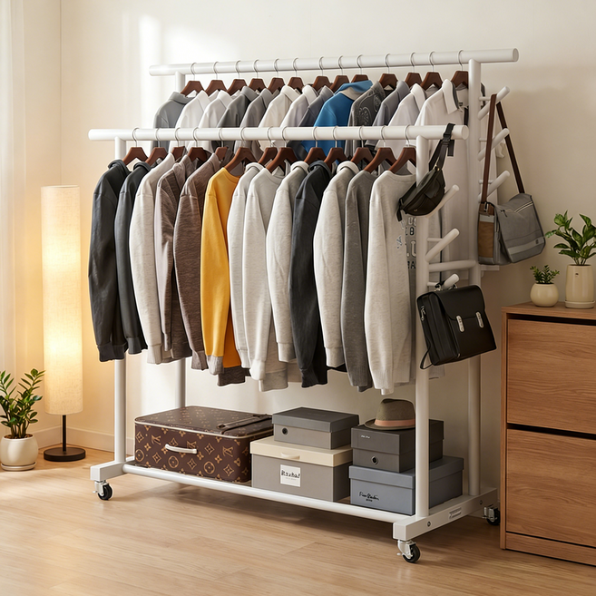 UniNest 튼튼한 2단 보강프레임 이동식 옷걸이 행거, 모던 화이트