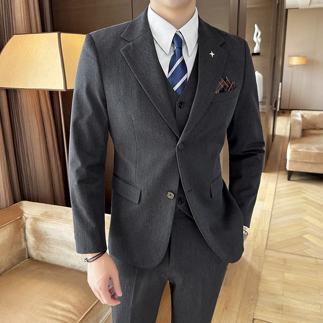 Enyofe 남성용 투버튼 캐주얼 쓰리피스 정장세트 재킷+조끼+바지 면접 기획 남자수트 3피스 결혼식 하객 남성 슈트 남자 겨울 검은 양복 세트 남성용 정장세트(5컬러)