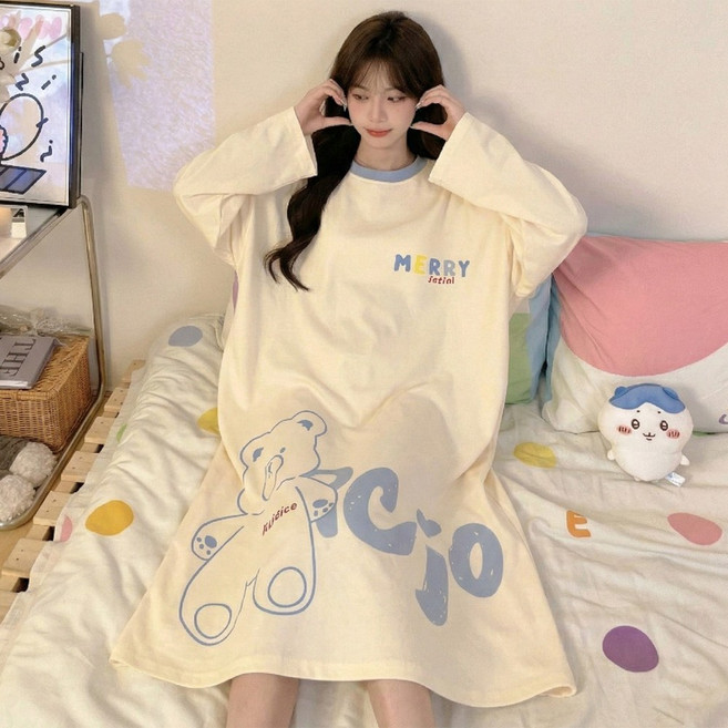 빅사이즈 여성 원피스 잠옷 베어 오버핏 홈웨어 노브라 캡내장 긴팔