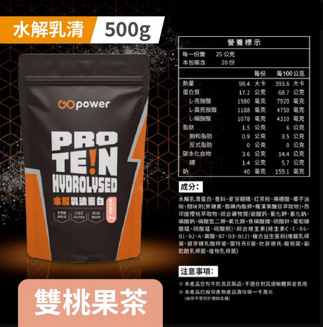 gogonnuts 水解乳清蛋白 500克, 1個, 雙桃果茶*1包