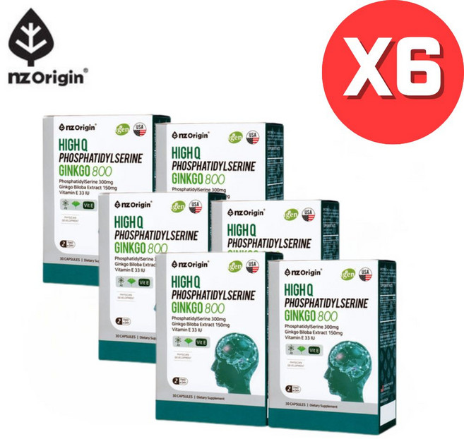 엔젯오리진 하이큐 포스파티딜세린 징코 30캡슐 6통15+ 사은품 머리 뇌 두뇌 영양제 NON-GMO 토코페롤 은행잎 플라보놀배당체 비타민E 항산화 혈행 인지력 기억력개선도움, 30정, 6개