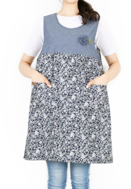 롱사이즈 랑뜨뽀글이꽃 앞치마 단추형 원피스 어린이집 교사용, 1개, 롱/블루