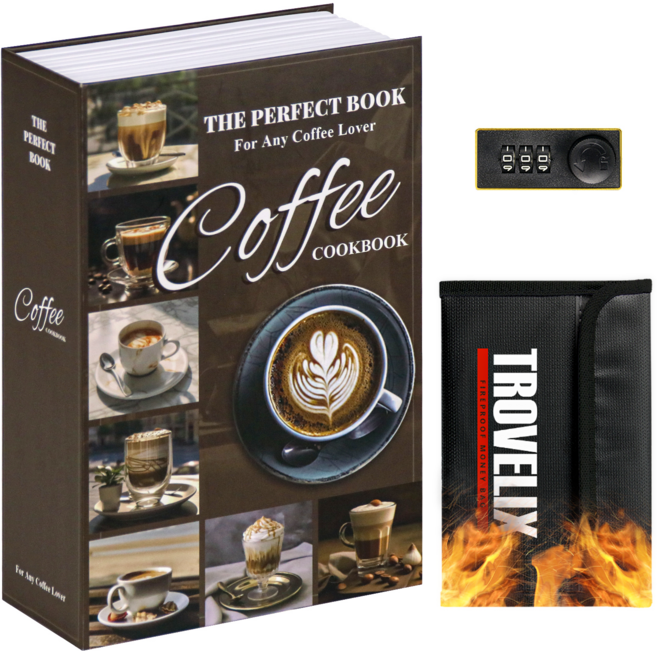 Trovelidx 미니 책 휴대용 금고 대형, 커피