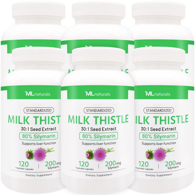 6병 [미국번개배송] 착한명품 신제품 마이라이프 내추럴스 표준화된 밀크씨슬 7500mg (실리마린 200mg) 120정(24개월), 120정, 6개